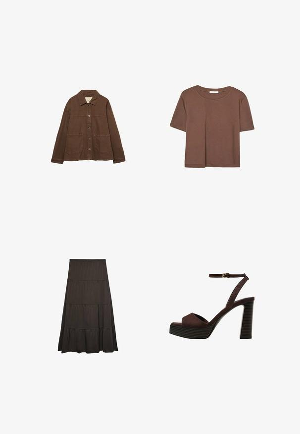 Rjava bombažna jakna z ovratnikom, sprednjimi snap gumbi in dvema velikima žepoma. Čista, ravna krojna zasnova.; Rjava kratka majica s kratkimi rokavi iz mehkega materiala, s krožnim izrezom in ohlapnim krojem. Brez vidnih vzorcev ali dodatkov.; Temno rjava, večstopenjska maxi krila, izdelana iz mehkega materiala z elastičnim pasom. Ima tri vodoravne volane vzdolž dolžine.; Rjave semiš sandale z visoko peto, odprto spredaj, z nastavljivim gležnjenjem in črtastim podplatom.