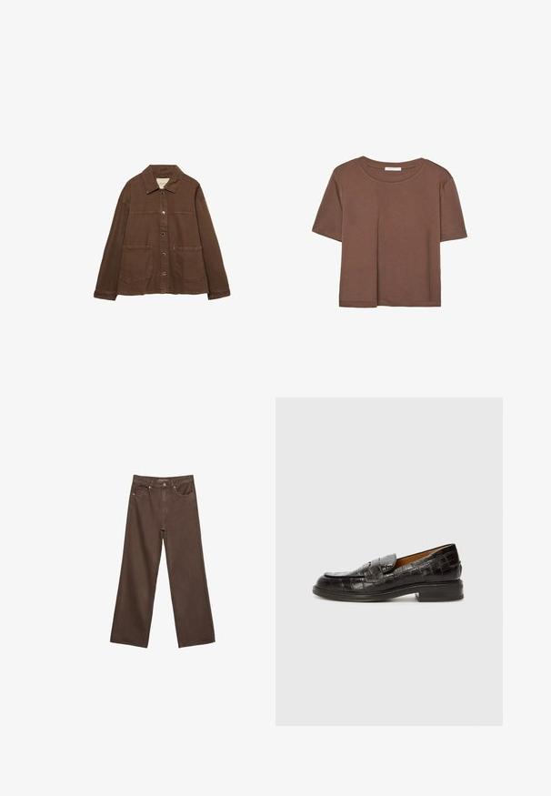 Rjava bombažna jakna z ovratnikom, sprednjimi snap gumbi in dvema velikima žepoma. Čista, ravna krojna zasnova.; Rjava kratka majica s kratkimi rokavi iz mehkega materiala, s krožnim izrezom in ohlapnim krojem. Brez vidnih vzorcev ali dodatkov.; Široke rjave kavbojke iz denima, ki imajo visok pas, sprednje žepe in klasično zapiranje na gumb. Gladka tekstura s subtilnim šivom.; Billi Bi Čevlji brez vezalk - espresso