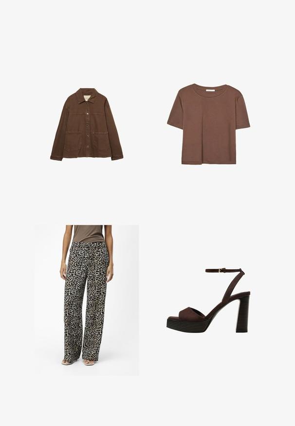 Braune Baumwolljacke mit einem Kragen, vorderen Druckknöpfen und zwei großen aufgesetzten Taschen. Sauberes, geradliniges Design.; Braunes, kurzärmliges T-Shirt aus weichem Material mit rundem Halsausschnitt und lockerer Passform. Keine sichtbaren Muster oder Akzente.; Leopardenmusterweite Hosen aus weichem Material, in Schwarz und Beige, mit lockerer Passform und dezenten seitlichen Taschen.; Braune Wildleder-Pumps mit offenem Zeh, verstellbarem Knöchelriemen und gestreiftem Plateausohlen.