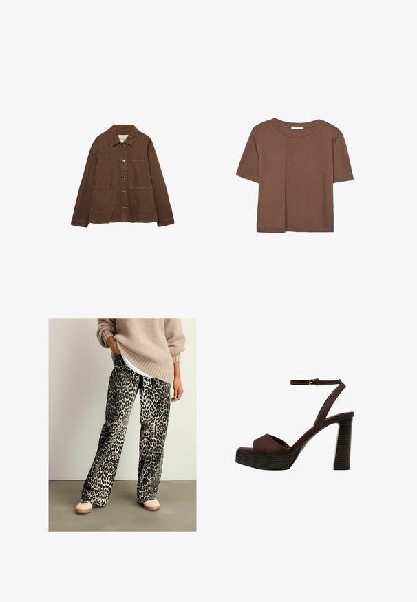 Hnědá bavlněná bunda s límcem, předními patentními knoflíky a dvěma velkými našitými kapsami. Čistý, rovný střih.; Hnědé tričko s krátkým rukávem vyrobené z měkké látky, s kulatým výstřihem a volným střihem. Bez viditelných vzorů nebo dekorací.; Kalhoty s zvířecím potiskem v černé a šedé barvě s širokým střihem, vyrobené z měkké látky, v kombinaci s béžovým pleteným svetr a světlými botami.; Hnědé semišové sandály na vysokém podpatku s otevřenou špičkou, nastavitelným páskem kolem kotníku a proužkovou platformou.