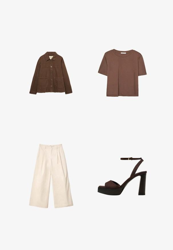 Hnedá bavlnená bunda s límcom, prednými cvokmi a dvoma veľkými náprsnými vreckami. Čistý, rovný strih.; Hnedé tričko s krátkym rukávom vyrobené z jemného materiálu, s okrúhlym výstrihom a voľným strihom. Žiadne viditeľné vzory ani akcenty.; Béžové nohavice s širokými nohavicami vyrobené z jemného materiálu s vysokým pásom, s plisovaním a predným zapínaním na gombík. Hladká textúra a strih na mieru.; Hnedé semišové sandále na vysokom podpätku s otvorenou špičkou, nastaviteľným členkovým remienkom a pruhovanou platformovou podrážkou.
