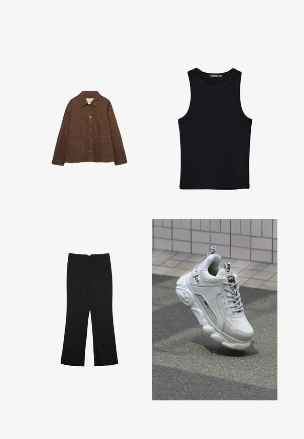 Brązowa bawełniana kurtka z kołnierzykiem, z przodu na zatrzaski i dwiema dużymi naszywanymi kieszeniami. Czysty, prosty krój.; Czarny top na ramionczkach wykonany z bawełny, z okrągłym dekoltem i szerokimi wycięciami na ramionach. Gładka tekstura z przeszytymi brzegami. Klasyczny, minimalistyczny design.; Czarne spodnie o prostym kroju, z przednimi kieszeniami i bocznymi rozcięciami na dole. Wykonane z miękkiego, gładkiego materiału. Odpowiednie na różne okazje.; Białe trampki wykonane z siateczki i skóry, z zaokrąglonym noskiem, grubą podeszwą, wyraźnymi sznurowadłami oraz logotypem na pięcie i języku.