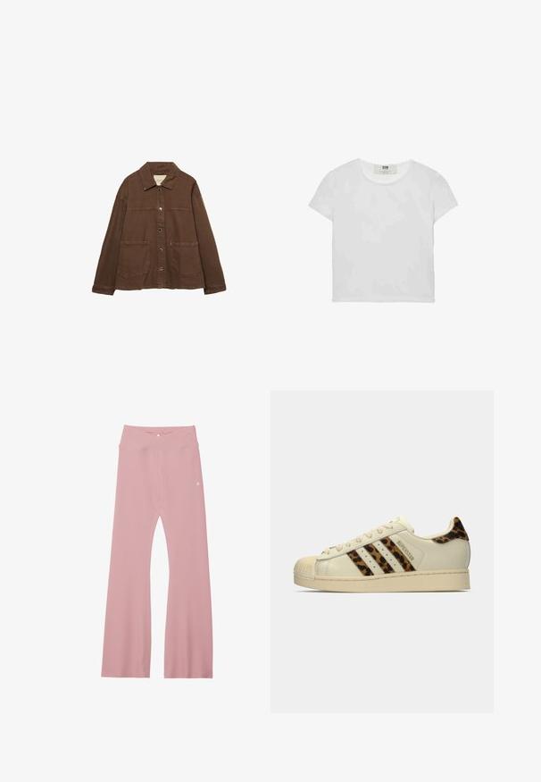 Brown cotton jacket featuring a collared neckline, front snap buttons, and two large patch pockets. Clean, straight-cut design.; Short-sleeve, round-neck white t-shirt made of soft cotton, featuring a simple, clean design with no visible patterns or accents.; Light pink ribbed leggings with a wide waistband, featuring a cross design and reinforced stitching along the legs for durability.; Off-white Adidas Superstar sneaker with leopard print stripes and heel tab, beige rubber shell toe, and "SUPERSTAR" text on the side.