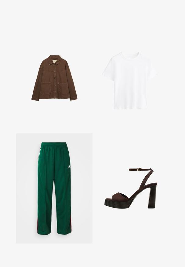 Rjava bombažna jakna z ovratnikom, sprednjimi snap gumbi in dvema velikima žepoma. Čista, ravna krojna zasnova.; Bela bombažna majica, kratke rokave, okroglo izrezovanje, sproščen kroj, gladka tekstura, brez vzorcev ali dodatkov, preprost dizajn, vsestranski slog.; Zelene atletske hlače iz poliestra, z ohlapnim krojem, elastičnim pasom, belimi stranskimi črtami in bordo poudarki. Prikazan Adidas logotip.; Rjave semiš sandale z visoko peto, odprto spredaj, z nastavljivim gležnjenjem in črtastim podplatom.