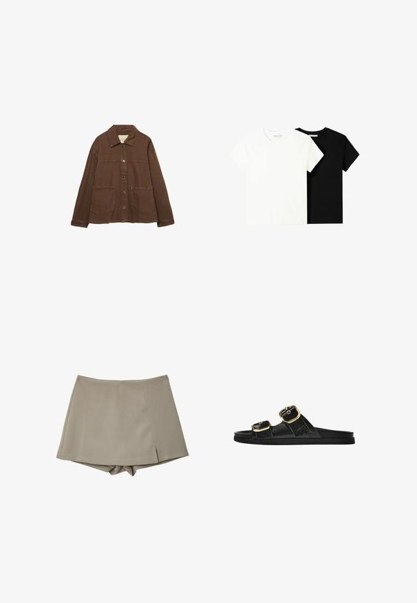 Veste en coton marron avec un col, des boutons-pression à l'avant et deux grandes poches plaquées. Design épuré et coupe droite.; Deux t-shirts à manches courtes, l'un blanc et l'autre noir, en coton. Les deux présentent un col rond et un design simple et classique.; Jupe-culotte beige au design élégant, offrant une texture lisse et de légères fentes sur les côtés. Conçue en matériau léger.; Sandale noire à glissière avec deux accents de boucle en or, en matériau lisse, semelle plate et design minimaliste.