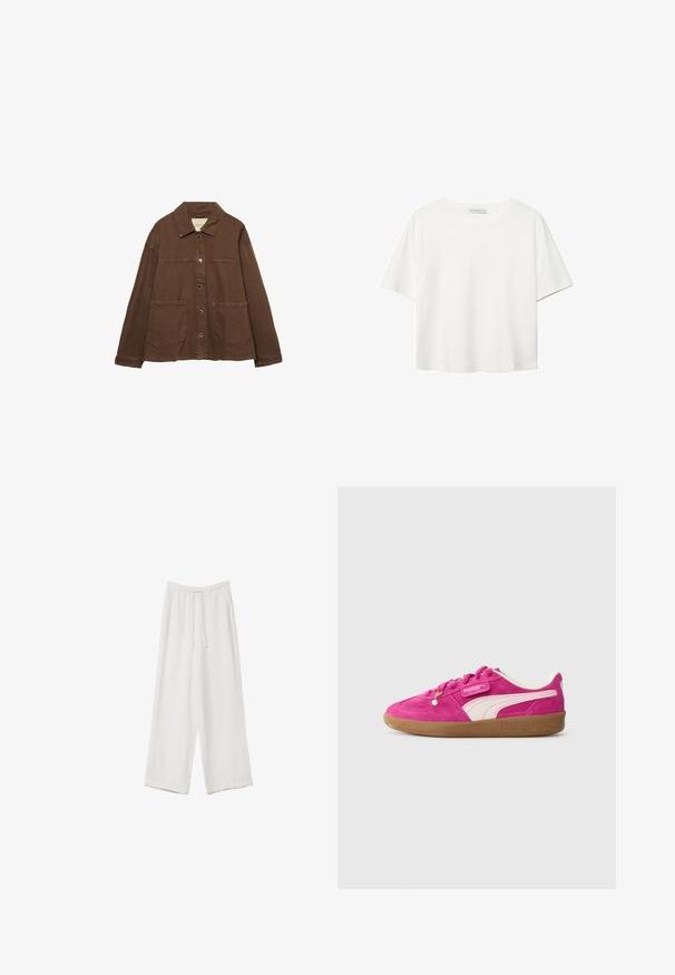 Brun bomuldsjakke med krave, frontknapper og to store påsyede lommer. Renskåret, lige snit.; Hvid kortærmet t-shirt lavet af bomuld. Har en rund halsudskæring og en afslappet pasform. Glat tekstur uden synlige mønstre eller detaljer.; Hvide bukser med bred benlængde lavet af et letvægtsstof. Har et elastisk talje med snor og sidelommer. Glat tekstur.; Lyserød suedepuma sneakers med hvid side stripe, gummisål og dekorativ perle på snørebåndene mod en lysegrå baggrund.