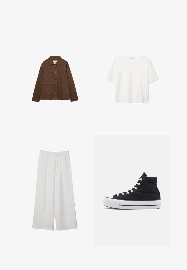 Brązowa bawełniana kurtka z kołnierzykiem, z przodu na zatrzaski i dwiema dużymi naszywanymi kieszeniami. Czysty, prosty krój.; Biała koszulka z krótkim rękawem, wykonana z bawełny. Posiada okrągły dekolt i luźny krój. Gładka faktura bez widocznych wzorów czy akcentów.; Białe szerokie spodnie wykonane z lekkiego materiału, z elastyczną talią i sznurkiem do regulacji fasonu. Gładka tekstura.; Czarne, wysokie trampki z płótna z białą gumową osłoną na palce, białymi sznurówkami i teksturowanym czarnym wierzchem. Czarnobiała paskowana podeszwa środkowa.