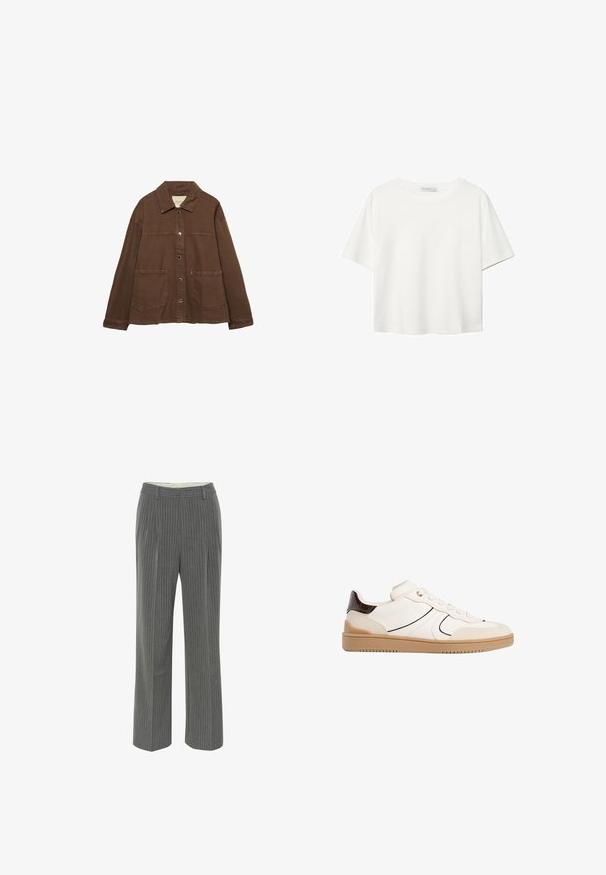 Ruskea puuvillapusero, jossa on kauluksellinen kaula-aukko, etuosassa napit ja kaksi suurta päällystaskua. Siisti, suora leikkaus.; Valkoinen lyhythihainen T-paita, joka on tehty puuvillasta. Siinä on pyöreä kaula-aukko ja rento malli. Silkkinen pinta ilman näkyviä kuvioita tai koristeita.; Harmaat raidoitetut housut, joissa on muotonsa mukainen istuvuus, litteä etuosa ja leveä lahje. Valmistettu sileästä ja kevyestä kankaasta.; Stradivarius Matalavartiset tennarit - white