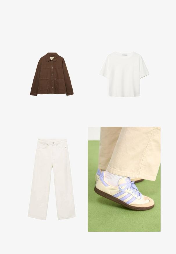 Smeđa pamučna jakna s ovratnikom, prednjim snap gumbima i dva velika džepa. Čist, ravno krojen dizajn.; Bijela majica kratkih rukava od pamuka. Ima okrugli izrez i opušteni kroj. Glatka tekstura bez vidljivih uzoraka ili naglasaka.; Široke bijele traperice s pet džepova, metalnim kopčanjem i čistim detaljima šivanja.; Kremasto-ljubičaste tenisice s tri pruge i strukturiranim smeškim potplatom, s vezicama i podstavljenim petom. Mekana gornja tkanina.