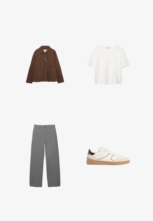 Bruine katoenen jas met een kraag, voorzijde met drukknoopjes en twee grote opgestikte zakken. Strak, rechtlijnig ontwerp.; Witte korte mouwen t-shirt van katoen. Heeft een ronde halslijn en een ontspannen pasvorm. Glad textuur zonder zichtbare patronen of accenten.; Lichtgrijze broek met wijde pijpen van een gladde, gestructureerde stof, voorzien van een knoopsluiting aan de voorkant en riemlussen in de taille.; Stradivarius Sneakers laag - white