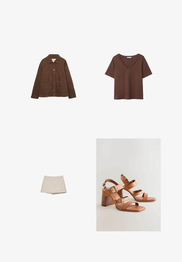 Hnědá bavlněná bunda s límcem, předními patentními knoflíky a dvěma velkými našitými kapsami. Čistý, rovný střih.; Hnědý bavlněný tričko s krátkými rukávy a hlubokým V-výstřihem. Jednoduchý design, měkká textura a rovný lem. Žádné vzory ani akcenty.; Béžová dámská sukničková šortková sukně s mírným předním rozparkem a připojenými šortkami uvnitř, vystavená na bílém pozadí.; Hnědé kožené sandály na vysokém podpatku s více popruhy, zlatými kovovými akcenty a zkoseným blokovým podpatkem. Hladká textura, otevřený design špičky.