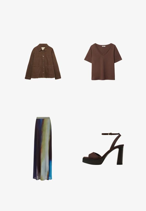 Veste en coton marron avec un col, des boutons-pression à l'avant et deux grandes poches plaquées. Design épuré et coupe droite.; T-shirt en coton brun avec des manches courtes et un décolleté en V profond. Design simple, texture douce et ourlet droit. Pas de motifs ni d'accents.; Jupe maxi plissée avec une large ceinture élastique. Présente un motif dégradé de tons violets, verts et bleus, fabriquée en tissu léger.; Sandale à talons hauts en suede marron avec un bout ouvert, une bride de cheville réglable et une semelle de plateforme rayée.