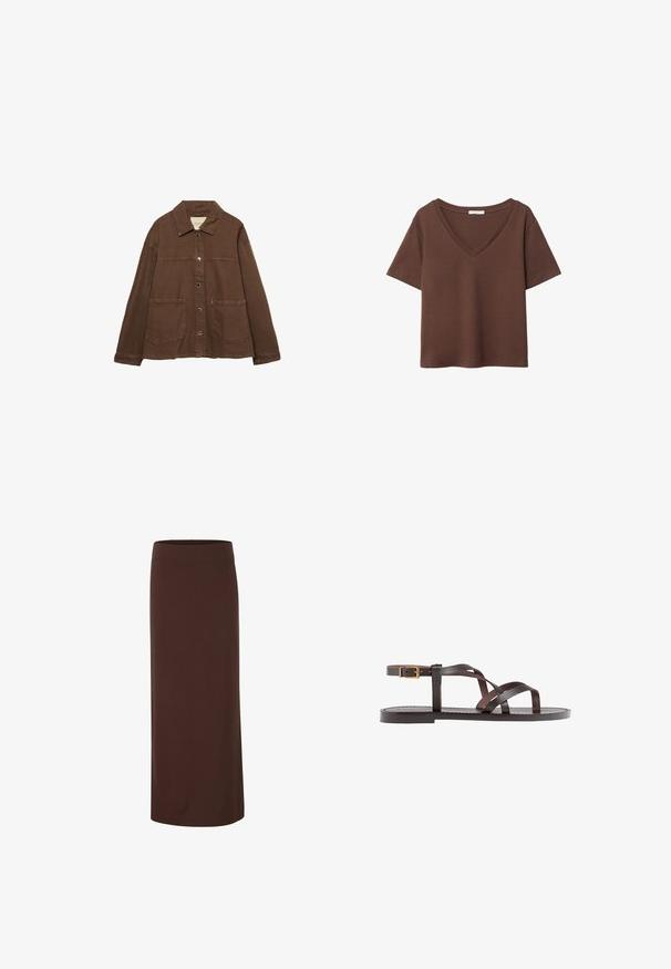 Giacca in cotone marrone con colletto, bottoni a pressione frontali e due grandi tasche a toppa. Design pulito e dritto.; T-shirt in cotone marrone con maniche corte e scollo a V profondo. Design semplice, texture morbida e orlo dritto. Senza fantasie o dettagli.; Gonna midi marrone realizzata in tessuto morbido, con vita aderente e silhouette dritta senza motivi o accenti visibili.; Sandal in pelle marrone con cinturini incrociati, chiusura con cinturino alla caviglia e suola piatta con dettagli di cucitura minimi.