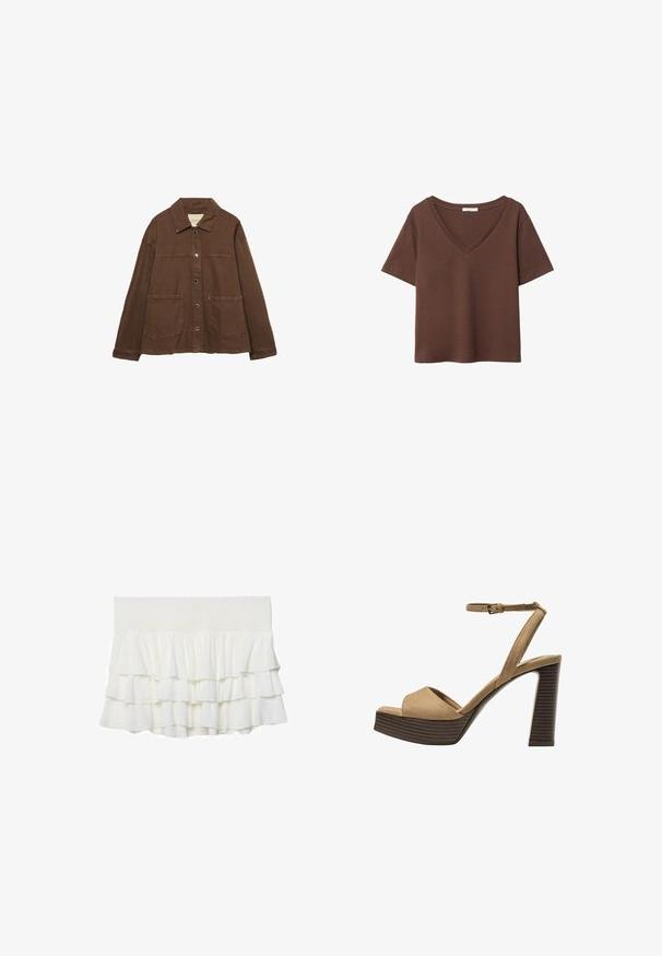 Smeđa pamučna jakna s ovratnikom, prednjim snap gumbima i dva velika džepa. Čist, ravno krojen dizajn.; Smeđa pamučna majica kratkih rukava s dubokim V-izrezom. Jednostavan dizajn, mekana tekstura i ravni rub. Bez uzoraka ili naglasaka.; Bijela višeslojna suknja s volanima, sa naboranim pojasom, izrađena od lagane, teksturirane tkanine i s lepršavim dizajnom.; Beige suedirane sandale s visokim potpeticama, širokom prednjom trakom i trakicom oko gležnja, s debelom drvenom blok-potpeticom s teksturiranim završetkom.