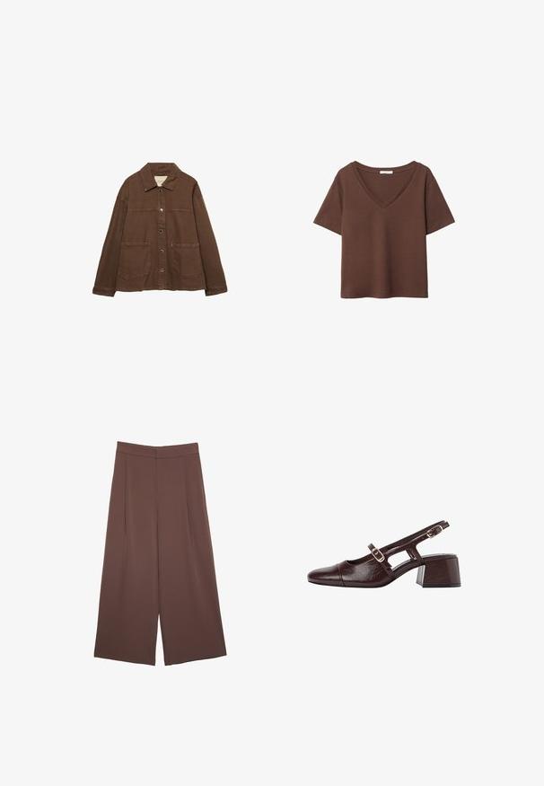 Brązowa bawełniana kurtka z kołnierzykiem, z przodu na zatrzaski i dwiema dużymi naszywanymi kieszeniami. Czysty, prosty krój.; Brązowy bawełniany t-shirt z krótkimi rękawami i głębokim dekoltem w kształcie litery V. Prosty design, miękka faktura i prosty krój u dołu. Brak wzorów i akcentów.; Brązowe spodnie o szerokich nogawkach z gładką fakturą, z wysokim stanem i plisami z przodu. Materiał jest lekki i luźno opada.; Brązowe skórzane szpilki z odkrytym piętą, kwadratowym noskiem, wyciętymi bokami i słupkowym obcasem. Posiadają klamrę na pasku wokół kostki.