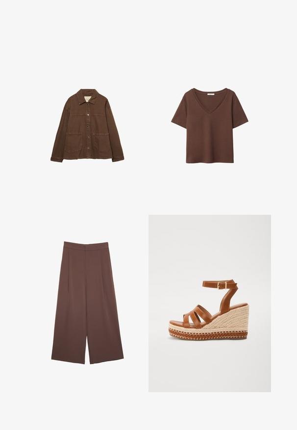 Veste en coton marron avec un col, des boutons-pression à l'avant et deux grandes poches plaquées. Design épuré et coupe droite.; T-shirt en coton brun avec des manches courtes et un décolleté en V profond. Design simple, texture douce et ourlet droit. Pas de motifs ni d'accents.; Pantalons larges marron avec une texture lisse, dotés d'une taille haute et de plis à l'avant. Le tissu est léger et tombe de manière fluide.; Des sandales compensées en cuir marron présentent une semelle en jute tressé, un design ouvert à l'avant avec trois lanières, et une sangle à boucle à la cheville pour un maintien sécurisé.