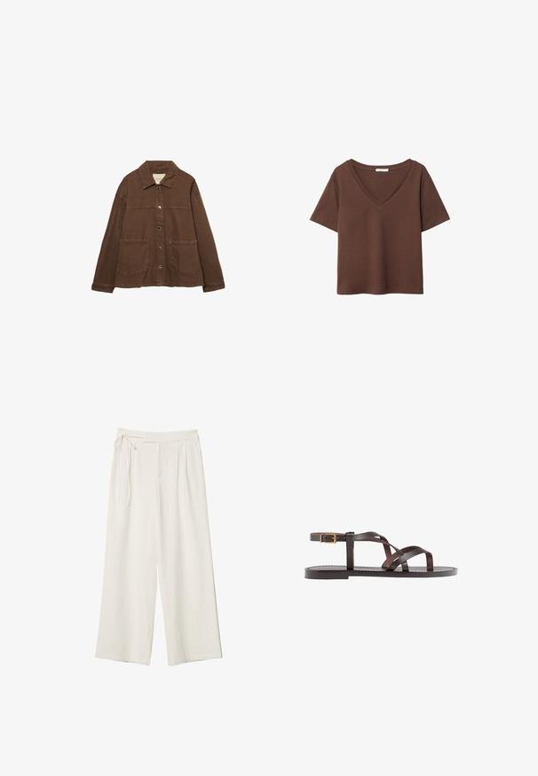 Rjava bombažna jakna z ovratnikom, sprednjimi snap gumbi in dvema velikima žepoma. Čista, ravna krojna zasnova.; Rjava bombažna majica s kratkimi rokavi in globokim V-izrezom. Preprost dizajn, mehak material in raven rob. Brez vzorcev ali dekorativnih elementov.; Široke hlače iz off-white tkanine z gladko teksturo. Imajo zavezan pas in nagubano sprednjo stran, zasnovane za sproščen fit.; Rjav usnjen sandal z načinom prečnega črta, zaklepom okoli gležnja in ravnim podplatom z minimalnimi šivi.