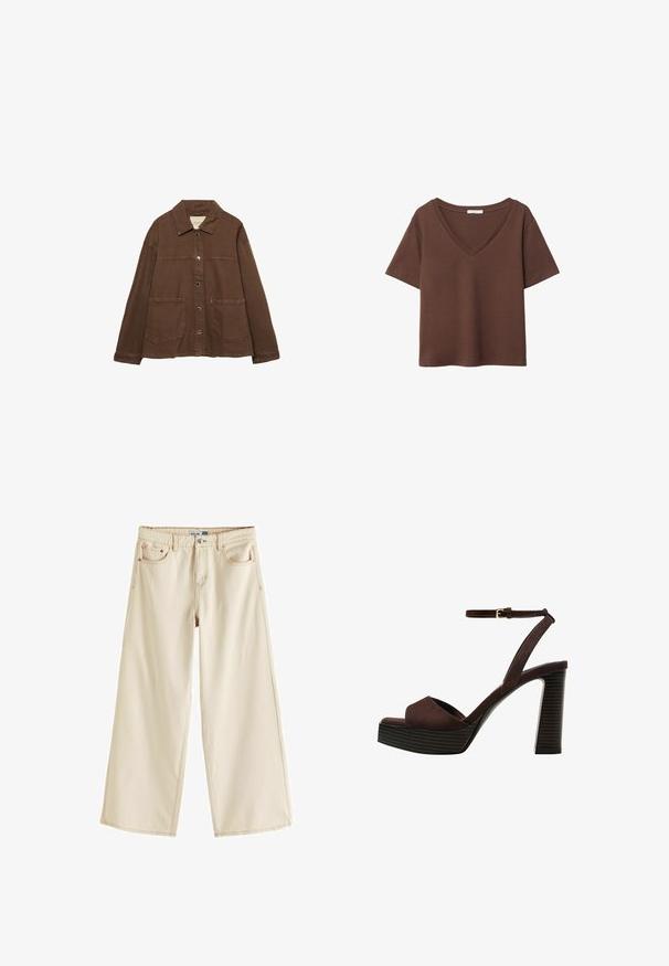 Brun bomulljacka med krage, tryckknappar framtill och två stora påsydda fickor. Rent, rakskuren design.; Brun bomulls t-shirt med korta ärmar och djup V-ringning. Enkel design, mjuk textur och rak fåll. Inga mönster eller dekorationer.; Next Flared jeans - ecru; Bruna mocka högklackade sandaler med öppen tå, justerbar vristrem och en randig plattformssula.
