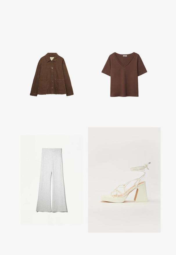 Rjava bombažna jakna z ovratnikom, sprednjimi snap gumbi in dvema velikima žepoma. Čista, ravna krojna zasnova.; Rjava bombažna majica s kratkimi rokavi in globokim V-izrezom. Preprost dizajn, mehak material in raven rob. Brez vzorcev ali dekorativnih elementov.; Svetlo sivi široki hlače iz mehkega blaga, z visokim pasom in stranskimi razporki za dodatno prožnost in udobje.; Bela sandala na visokih petah s debelim petam, ki ima obliko trakcev in vezanje okoli gležnja. Gladka tekstura z platformo spredaj za dodatno višino.