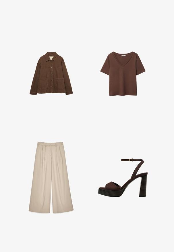 Hnedá bavlnená bunda s límcom, prednými cvokmi a dvoma veľkými náprsnými vreckami. Čistý, rovný strih.; Hnedé bavlnené tričko s krátkymi rukávmi a hlbokým V-výstrihom. Jednoduchý dizajn, jemná textúra a rovný lem. Bez vzorov alebo akcentov.; Béžové nohavice s širokými nohavicami a vysokým pásom, s prednými sklady a hladkým lešteným povrchom. Navrhnuté pre voľný strih s prispôsobeným vzhľadom.; Hnedé semišové sandále na vysokom podpätku s otvorenou špičkou, nastaviteľným členkovým remienkom a pruhovanou platformovou podrážkou.