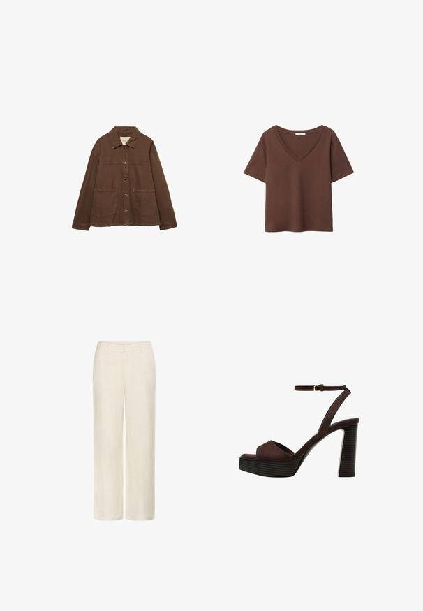 Brun bomulljacka med krage, tryckknappar framtill och två stora påsydda fickor. Rent, rakskuren design.; Brun bomulls t-shirt med korta ärmar och djup V-ringning. Enkel design, mjuk textur och rak fåll. Inga mönster eller dekorationer.; Linnebyxor i off-white med rak bendesign, sidofickor och en slät yta med en subtil vävstruktur.; Bruna mocka högklackade sandaler med öppen tå, justerbar vristrem och en randig plattformssula.