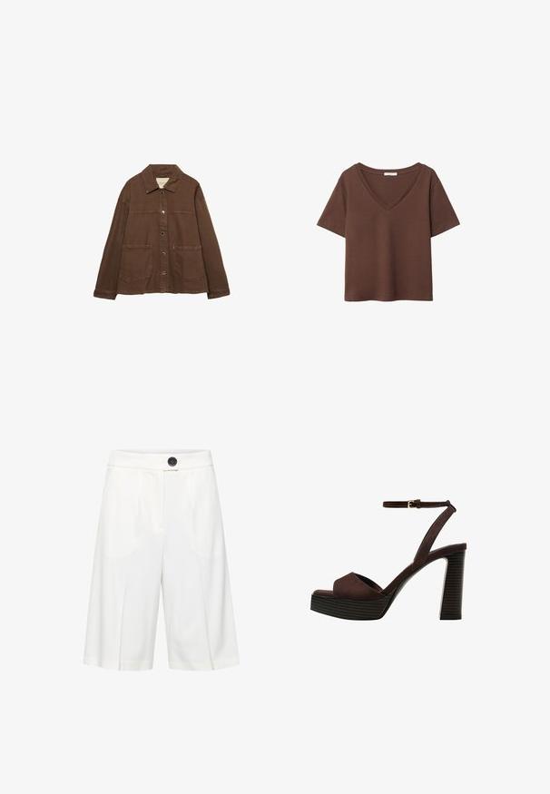 Rjava bombažna jakna z ovratnikom, sprednjimi snap gumbi in dvema velikima žepoma. Čista, ravna krojna zasnova.; Rjava bombažna majica s kratkimi rokavi in globokim V-izrezom. Preprost dizajn, mehak material in raven rob. Brez vzorcev ali dekorativnih elementov.; b.young BYRIZETTA - Kratke hlače - off white; Rjave semiš sandale z visoko peto, odprto spredaj, z nastavljivim gležnjenjem in črtastim podplatom.