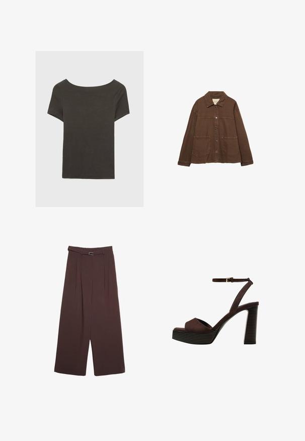 Brun bomuldsjakke med krave, frontknapper og to store påsyede lommer. Renskåret, lige snit.; Mørkegrå kortærmet top med bådudskæring. Lavet af ribbet stof, med en afslappet pasform og en ren kant. Enkelt design, ingen mønstre.; Stradivarius WIDE-LEG WITH BUCKLE DETAIL - Bukser - dark brown; Brune ruskinds højhælede sandal med åben tå, justerbar ankelrem og en stribet plade sål.