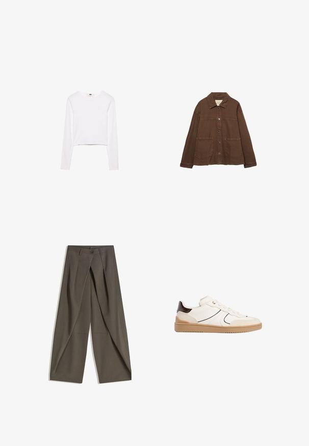 Brązowa bawełniana kurtka z kołnierzykiem, z przodu na zatrzaski i dwiema dużymi naszywanymi kieszeniami. Czysty, prosty krój.; Biały długi rękaw crop top wykonany z miękkiego materiału. Posiada okrągły dekolt oraz prosty, elegancki fason bez wzorów czy ozdób.; Spodnie o szerokich nogawkach wykonane z teksturowanej, ciemnoszarej tkaniny. Posiadają fałdy z przodu, zapięcie na guzik oraz boczne kieszenie dla wygody.; Stradivarius - Sneakersy niskie