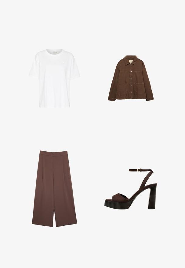 Braune Baumwolljacke mit einem Kragen, vorderen Druckknöpfen und zwei großen aufgesetzten Taschen. Sauberes, geradliniges Design.; Weißes Baumwoll-T-Shirt mit lockerer Passform, kurzen Ärmeln, Rundhalsausschnitt und kleinem Herzlogo auf der linken Brustseite. Glatte Textur.; Braune Weite-Leg-Hosen mit einer glatten Textur, hoher Taille und Vorderfalten. Der Stoff ist leicht und fällt locker.; Braune Wildleder-Pumps mit offenem Zeh, verstellbarem Knöchelriemen und gestreiftem Plateausohlen.