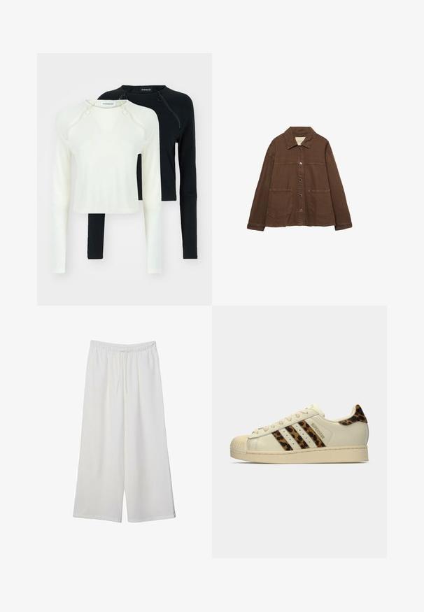 Smeđa pamučna jakna s ovratnikom, prednjim snap gumbima i dva velika džepa. Čist, ravno krojen dizajn.; Dva dolga rukava, jedan u bijeloj i jedan u crnoj boji. Obojica imaju okrugle izreze i dekorativne patentne zatvarače na ramenu. Glatka tkanina.; Bijele hlače širokog kroja izrađene od lagane tkanine, s elastičnim pojasom i vezicom za prilagodljivu veličinu. Glatka tekstura.; Off-white Adidas Superstar tenisice s leopard print prugama i petnim trakama, bež gumeni vrh nožnog prsta i tekst "SUPERSTAR" sa strane.