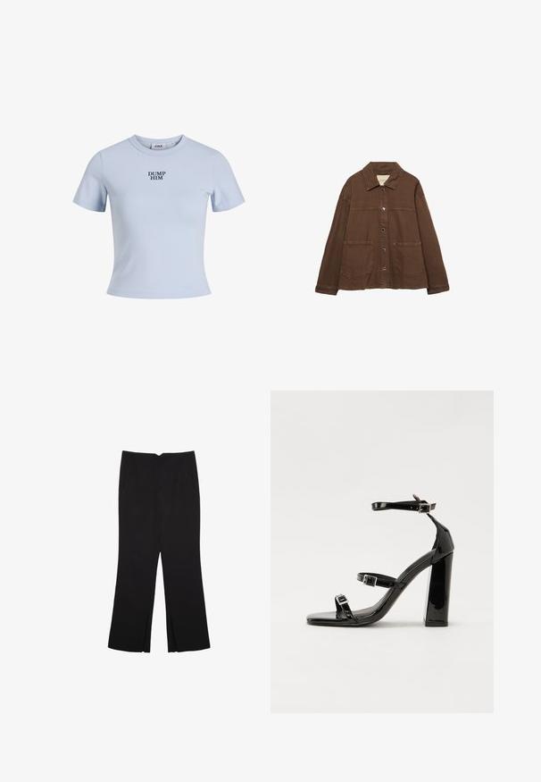 Hnědá bavlněná bunda s límcem, předními patentními knoflíky a dvěma velkými našitými kapsami. Čistý, rovný střih.; Světle modré tričko s krátkým rukávem vyrobené z jemné látky. Má kulatý výstřih a na přední straně je v tučné námořnické modři vytištěný text "DUMP HIM".; Černé kalhoty s rovným střihem, s předními kapsami a bočními rozparky na lemu. Vyrobené z jemné, hladké tkaniny. Vhodné na různé příležitosti.; Černé lakované sandály na podpatku se čtveratou špičkou, lýtkovými pásky a stříbrnými přezkami. Disponují masivním blokovým podpatkem pro stabilitu.