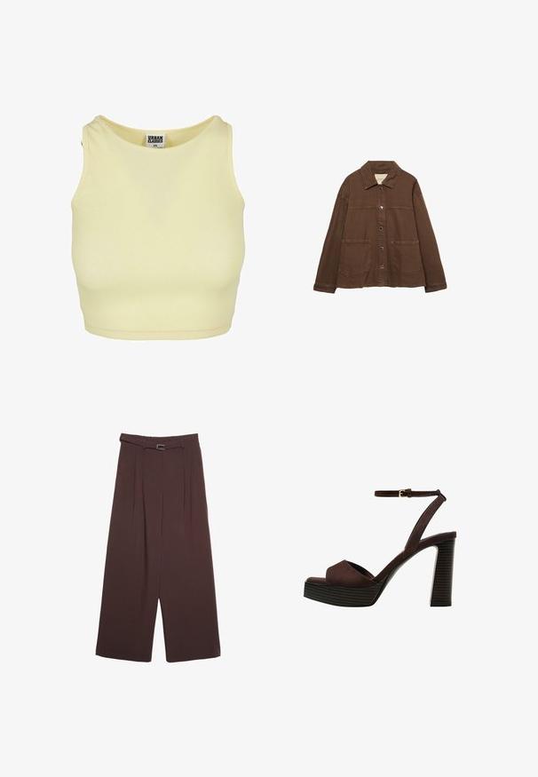 Braune Baumwolljacke mit einem Kragen, vorderen Druckknöpfen und zwei großen aufgesetzten Taschen. Sauberes, geradliniges Design.; Helles gelbes, geripptes Crop-Top mit runder Ausschnittform und ärmellosem Design. Es hat ein Etikett mit "URBAN CLASSICS" im Kragen.; Stradivarius WIDE-LEG WITH BUCKLE DETAIL - Stoffhose - dark brown; Braune Wildleder-Pumps mit offenem Zeh, verstellbarem Knöchelriemen und gestreiftem Plateausohlen.