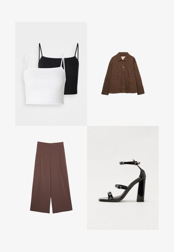 Rjava bombažna jakna z ovratnikom, sprednjimi snap gumbi in dvema velikima žepoma. Čista, ravna krojna zasnova.; Dve rebraste majice brez rokavov v beli in črni barvi, z tankimi nastavljivimi naramnicami in krajšim dizajnom. Mehka tkanina z gladko teksturo.; Rjave široke hlače z gladko teksturo, ki imajo visok pas in sprednje naborke. Tkanina je lahka in prosto pada.; Črne lakirane sandale s peto, kvadratnim prstom, trakovi okrog gležnja in srebrnimi zaponkami. Opremljene so s stabilno Debelo peto.