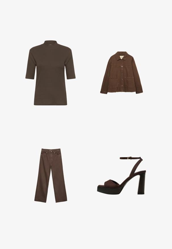 Hnedá bavlnená bunda s límcom, prednými cvokmi a dvoma veľkými náprsnými vreckami. Čistý, rovný strih.; Hnedé rebrované tričko s polovičným golierom a krátkymi rukávmi, s hladkou textúrou a priliehavým strihom.; Džínsy s širokými nohavicami v hnedej farbe, vyrobené z denimu, so zvýšeným pásom, prednými vreckami a klasickým zapínaním na gombík. Hladká textúra s jemným prešívaním.; Hnedé semišové sandále na vysokom podpätku s otvorenou špičkou, nastaviteľným členkovým remienkom a pruhovanou platformovou podrážkou.