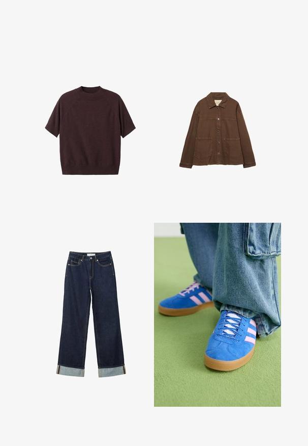 Hnědá bavlněná bunda s límcem, předními patentními knoflíky a dvěma velkými našitými kapsami. Čistý, rovný střih.; Svetr s krátkým rukávem v tmavě burgundské pletenině. Má žebrovaný kulatý výstřih a volný střih, s raglánovými rukávy a hladkou strukturou.; Tmavě modré kalhoty s širokými nohavicemi a vysokým pasem, s ohrnutými manžetami, kontrastním prošíváním a pěti kapsami. Vyrobené z denimové tkaniny.; Modré semišové boty s růžovými pruhy a bílými tkaničkami, vybavené gumovou podrážkou, spárované s volnými džínovými kalhotami na zeleném povrchu.