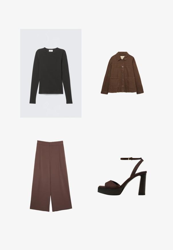 Brązowa bawełniana kurtka z kołnierzykiem, z przodu na zatrzaski i dwiema dużymi naszywanymi kieszeniami. Czysty, prosty krój.; Czarna koszulka z długim rękawem i okrągłym dekoltem, z małą białą metką z napisem "WEEKDAY" wewnątrz kołnierza, prezentowana na jasnym tle.; Brązowe spodnie o szerokich nogawkach z gładką fakturą, z wysokim stanem i plisami z przodu. Materiał jest lekki i luźno opada.; Brązowe zamszowe sandały na wysokim obcasie z odkrytymi palcami, regulowanym paskiem na kostce i paskowatą podeszwą.