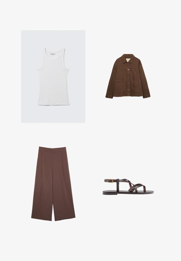 Giacca in cotone marrone con colletto, bottoni a pressione frontali e due grandi tasche a toppa. Design pulito e dritto.; Top in cotone bianco senza maniche, con una texture a coste e scollatura rotonda. Presenta un'etichetta sul collo con la scritta "WEEKDAY".; Pantaloni ampi marroni con una texture liscia, caratterizzati da una vita alta e pieghe frontali. Il tessuto è leggero e scorre liberamente.; Sandal in pelle marrone con cinturini incrociati, chiusura con cinturino alla caviglia e suola piatta con dettagli di cucitura minimi.