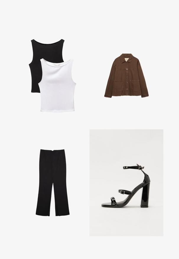 Smeđa pamučna jakna s ovratnikom, prednjim snap gumbima i dva velika džepa. Čist, ravno krojen dizajn.; Dva bezrukavnih topa u crnoj i bijeloj boji, napravljena od pamuka. Imaju okrugle izreze i prilagođen dizajn s glatkom teksturom.; Crne hlače ravnog kroja, s prednjim džepovima i bočnim prorezima na rubu. Izrađene od mekog i glatkog materijala. Pogodne za razne prigode.; Crne lakirane sandale na pete sa kvadratnim nosom, trakama oko gležnja i srebrnim kopčama. Imaju čvrst blok petu za stabilnost.