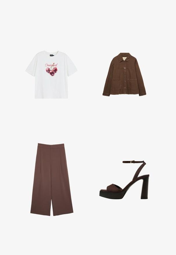 Hnědá bavlněná bunda s límcem, předními patentními knoflíky a dvěma velkými našitými kapsami. Čistý, rovný střih.; Bílý bavlněný tričko s grafikou tří červených třešní s lesklým povrchem a slovem "Desigual" v červeném písmu pod třešněmi.; Hnědé široké kalhoty s hladkou texturou, vysokým pasem a předními záhyby. Materiál je lehký a volně splývá.; Hnědé semišové sandály na vysokém podpatku s otevřenou špičkou, nastavitelným páskem kolem kotníku a proužkovou platformou.