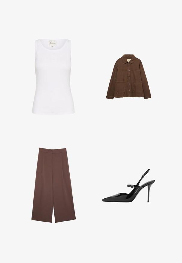 Giacca in cotone marrone con colletto, bottoni a pressione frontali e due grandi tasche a toppa. Design pulito e dritto.; Top bianco senza maniche realizzato in un tessuto liscio e elastico. Presenta un collo rotondo e un piccolo logo ricamato sul davanti. Design aderente.; Pantaloni ampi marroni con una texture liscia, caratterizzati da una vita alta e pieghe frontali. Il tessuto è leggero e scorre liberamente.; Slingback in vernice nera con tacco a stiletto, punta affusolata e cinturino regolabile. Superficie liscia con finitura lucida.