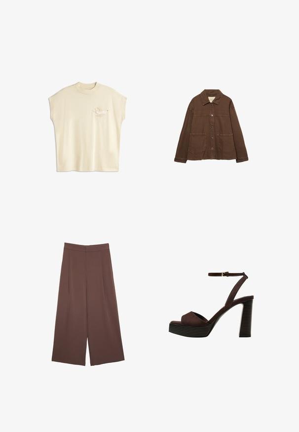Giacca in cotone marrone con colletto, bottoni a pressione frontali e due grandi tasche a toppa. Design pulito e dritto.; T-shirt oversize color crema con maniche corte, caratterizzato da un design di un uccello ricamato sul lato sinistro del petto in tonalità neutre.; Pantaloni ampi marroni con una texture liscia, caratterizzati da una vita alta e pieghe frontali. Il tessuto è leggero e scorre liberamente.; Sandal in camoscio marrone con tacco alto, punta aperta, cinturino alla caviglia regolabile e suola a piattaforma striata.