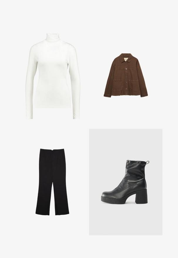 Ruskea puuvillapusero, jossa on kauluksellinen kaula-aukko, etuosassa napit ja kaksi suurta päällystaskua. Siisti, suora leikkaus.; Kaffe YOKO ROLLNECK LS - Pitkähihainen paita - chalk; Mustat housut suoralinjaisella leikkauksella, joissa on etutaskut ja sivurei'ät helman alla. Valmistettu pehmeästä ja sileästä kankaasta. Sopii eri tilaisuuksiin.; Mustat nilkkurit, jotka on valmistettu sileästä nahasta. Niissä on sivuvetoketju, paksu teksturoitu korko ja pyöristetty kärki.