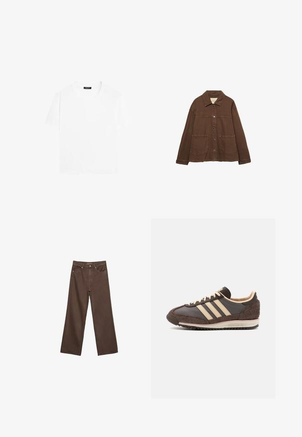 Giacca in cotone marrone con colletto, bottoni a pressione frontali e due grandi tasche a toppa. Design pulito e dritto.; T-shirt bianco a maniche corte in tessuto di cotone. Presenta un collo a giro e una vestibilità comoda. Tessuto liscio, senza motivi o dettagli decorativi.; Jeans a gamba larga marroni in denim, con vita alta, tasche anteriori e chiusura a bottone classica. Tessuto liscio con cuciture sottili.; Sneaker atletico marrone con tomaia in pelle e suede, design a tre strisce crema, suola testurizzata e collo imbottito.