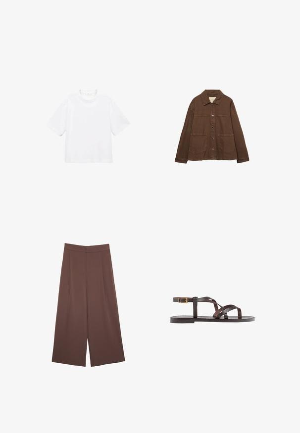 Hnědá bavlněná bunda s límcem, předními patentními knoflíky a dvěma velkými našitými kapsami. Čistý, rovný střih.; Bílý bavlněný tričko s krátkým rukávem a kulatým výstřihem. Jednoduchý design, volný střih, hladká textura. Žádné vzory ani zvýraznění nejsou viditelné.; Hnědé široké kalhoty s hladkou texturou, vysokým pasem a předními záhyby. Materiál je lehký a volně splývá.; Hnědé kožené sandály s kříženými pásky, uzavřením na přezku u kotníku a plochou podrážkou s minimem švů.