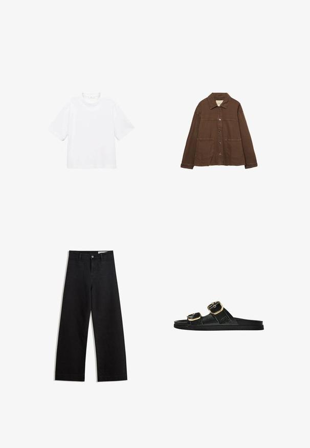Giacca in cotone marrone con colletto, bottoni a pressione frontali e due grandi tasche a toppa. Design pulito e dritto.; T-shirt bianca in cotone a maniche corte con scollatura rotonda. Design semplice, vestibilità ampia, texture liscia. Nessun motivo o accento visibile.; Pantaloni in denim neri a gamba larga con vita alta, dotati di tasche anteriori e posteriori, cuciture a punto, e chiusura con bottone. Texture liscia.; Infradito neri con due accenti di fibbia dorata, materiale dalla texture liscia, suola piatta e design minimalista.
