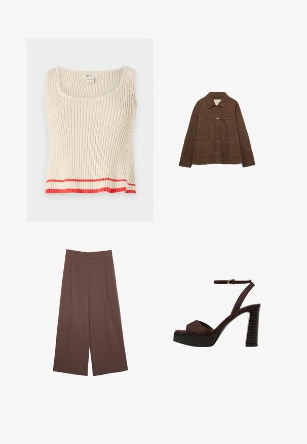 Veste en coton marron avec un col, des boutons-pression à l'avant et deux grandes poches plaquées. Design épuré et coupe droite.; Débardeur côtelé de couleur crème avec un col rond et une bande horizontale rouge au bas. Tissu doux et texturé avec une coupe décontractée.; Pantalons larges marron avec une texture lisse, dotés d'une taille haute et de plis à l'avant. Le tissu est léger et tombe de manière fluide.; Sandale à talons hauts en suede marron avec un bout ouvert, une bride de cheville réglable et une semelle de plateforme rayée.