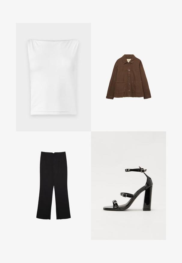 Rjava bombažna jakna z ovratnikom, sprednjimi snap gumbi in dvema velikima žepoma. Čista, ravna krojna zasnova.; Bela brezrokavna majica s ravnim dekoltejem, izdelana iz gladkega materiala, z oprijetim krojem in brez vidne strojne opreme ali vzorcev.; Črne hlače ravnega kroja z naglavnimi žepi in stranskimi razporki na robu. Narejene iz mehke, gladke tkanine. Primerne za različne priložnosti.; Črne lakirane sandale s peto, kvadratnim prstom, trakovi okrog gležnja in srebrnimi zaponkami. Opremljene so s stabilno Debelo peto.