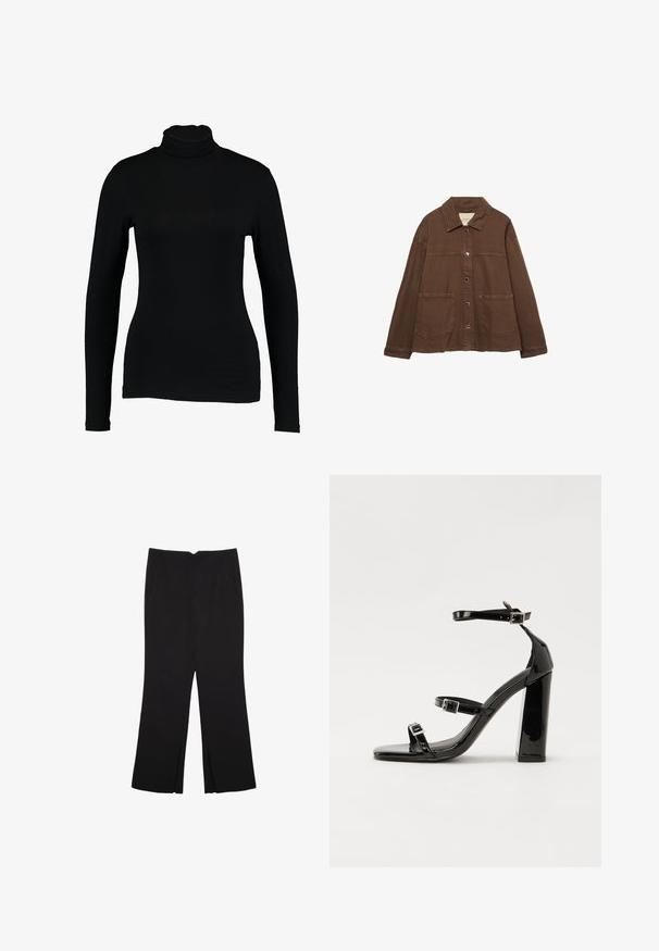 Ruskea puuvillapusero, jossa on kauluksellinen kaula-aukko, etuosassa napit ja kaksi suurta päällystaskua. Siisti, suora leikkaus.; Mustat pitkähihaiset poolopaidat, jotka on valmistettu sileästä kankaasta, ominaisuutena tiukka malli ja korkea kaulus, sopii kerrostamiseen tai yksin käytettäväksi.; Mustat housut suoralinjaisella leikkauksella, joissa on etutaskut ja sivurei'ät helman alla. Valmistettu pehmeästä ja sileästä kankaasta. Sopii eri tilaisuuksiin.; Musta kiiltävä korkokenkä sandaalit neliönmuotoisella varpaalla, nilkkaremmillä ja hopeisilla soljilla. Varustettu tukevalla lohkokorkealla vakauden takaamiseksi.