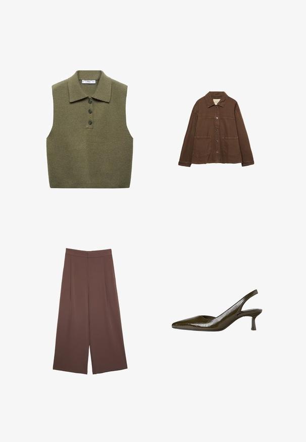 Bruine katoenen jas met een kraag, voorzijde met drukknoopjes en twee grote opgestikte zakken. Strak, rechtlijnig ontwerp.; Mango Poloshirt - khaki; Bruine wijde broek met een gladde textuur, voorzien van een hoge taille en plooien aan de voorkant. De stof is lichtgewicht en valt losjes.; Olijfgroene slingback pump met een spitse neus en een lage, slanke hak. Glanzende textuur met een licht gekreukt uiterlijk.