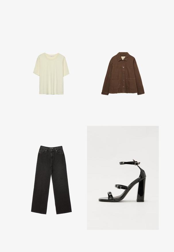 Giacca in cotone marrone con colletto, bottoni a pressione frontali e due grandi tasche a toppa. Design pulito e dritto.; T-shirt beige chiaro a maniche corte realizzato in tessuto morbido, con scollatura rotonda e vestibilità rilassata, senza motivi o decorazioni.; Jeans neri a gamba larga realizzati in denim, caratterizzati da piccoli motivi a pois, design classico a cinque tasche e chiusura con bottone e zip.; Sandali con tacco in vernice nera, con punta squadrata, cinturini alla caviglia e fibbie in argento. Presentano un tacco a blocco spesso per maggiore stabilità.